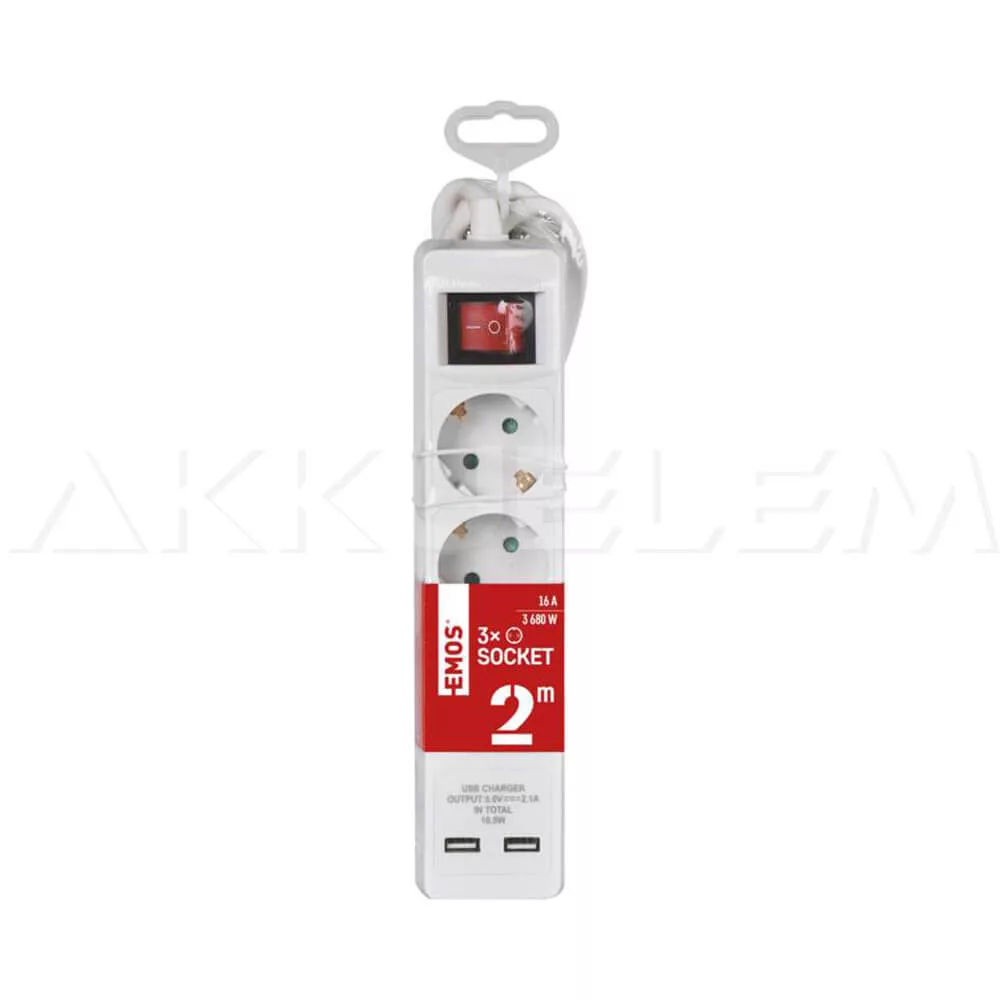 Hálózati hosszabbító 3 alj 2m kábel + kapcsoló + USB