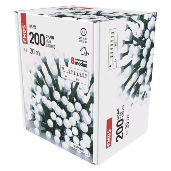 Karácsonyi füzér CHERRY 200 LED fehér 8 mode 20+5m IP44 230V adapterrel beltéri