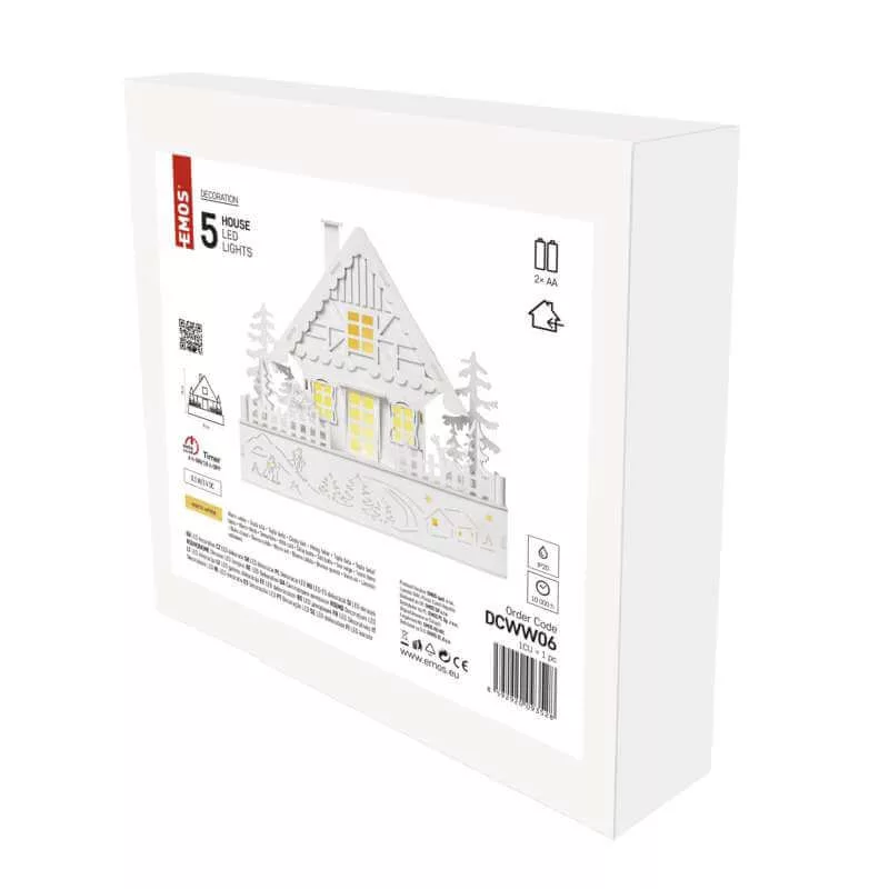 Karácsonyi házikó fából fehér 5 LED 30x28cm IP20 időzítővel 2xAA beltéri Karácsonyi házikó fából fehér 5 LED 30x28cm IP20 időzítővel 2xAA beltéri
