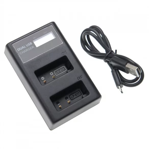 Két csatornás utángyártott akkutöltő (Micro USB / Type C) Canon akkuhoz LP-E17 LCD kijelzővel - VHBW