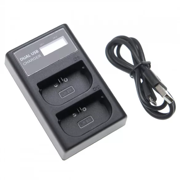 Két csatornás utángyártott akkutöltő (Micro USB / Type C) Canon akkuhoz LP-E6N LCD kijelzővel - VHBW