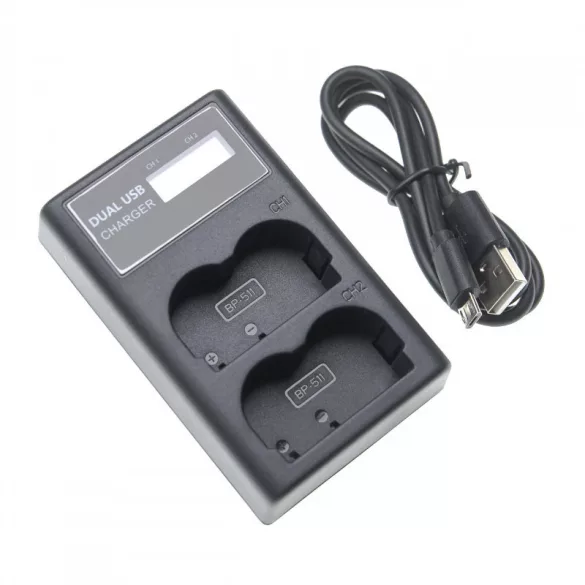 Két csatornás utángyártott akkutöltő (Micro USB / Type C) Canon akkuhoz BP-511 LCD kijelzővel - VHBW
