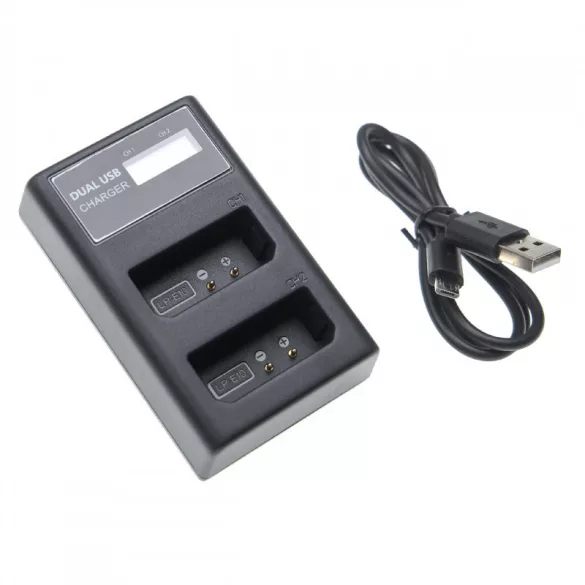 Két csatornás utángyártott akkutöltő (Micro USB / Type C) Canon akkuhoz LP-E10 LCD kijelzővel - VHBW