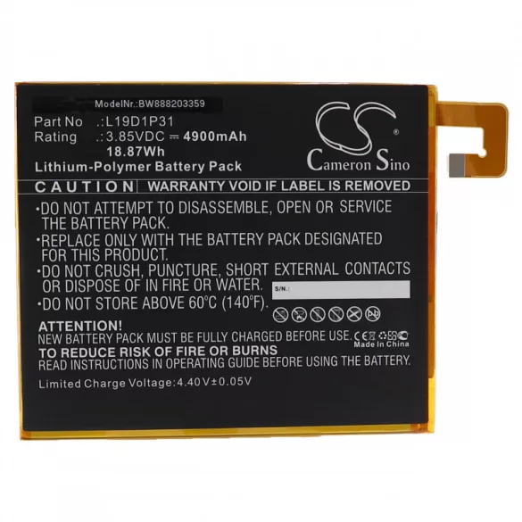 Utángyártott tablet akkumulátor Lenovo L19D1P31 4900mAh 3.85V Li-polymer - VHBW