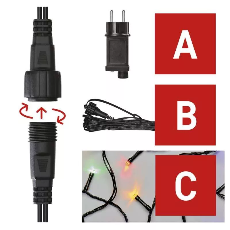 Karácsony fényfüzér TELJES SZETT CNT STart kit 10+5m 100LED IP44 D1AM01 A+B+C szines