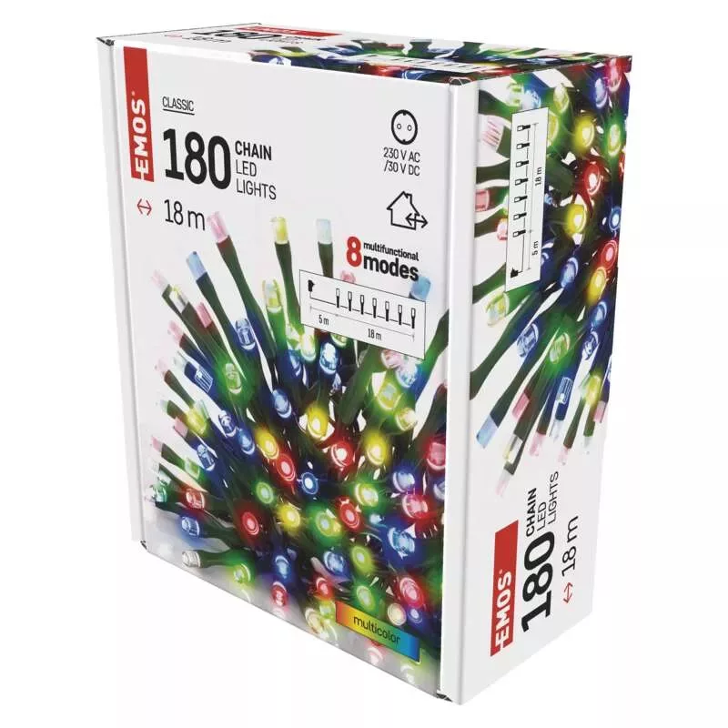 Karácsonyi fényfüzér 180LED 18m IP44 színes 8funkció D4AM09