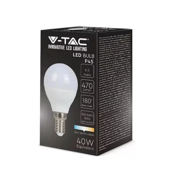 V-TAC E14 foglalat 2142511 P45 Opál 4,5W 4000K 470lm 180°LED izzó
