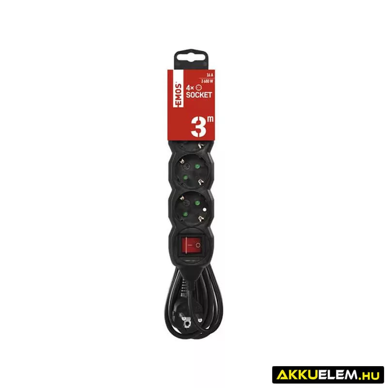 Hálózati hosszabbító 4 alj 3m kábel 16Amax 3*1.5mm2 fekete+kapcsoló