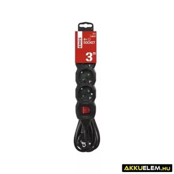   Hálózati hosszabbító 4 alj 3m kábel 16Amax 3*1.5mm2 fekete+kapcsoló