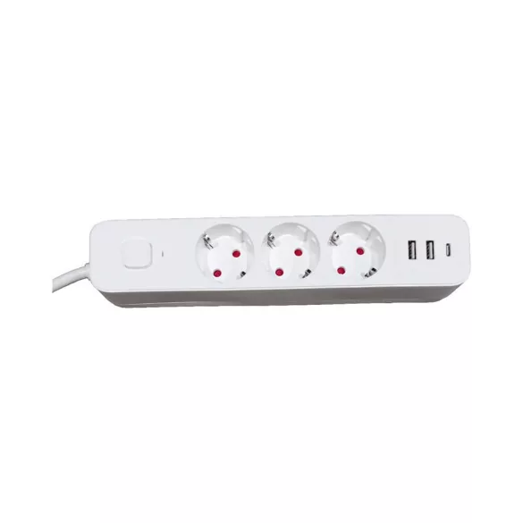 Hálózati hosszabbító 3 aljzat + 1 x USB-C + 2 x USB + kapcsoló + 1.5m kábel