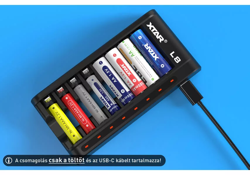 XTAR L8 akkutölto 1,5V 1,2V Li-ion és NiMH AA/AAA akkukhoz