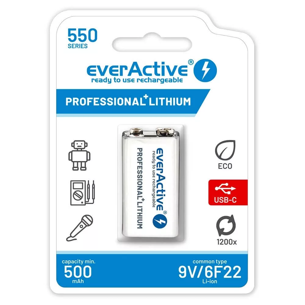everActive 7,4V 550mAh Li-ion akku USB-C - 9V elem méretű