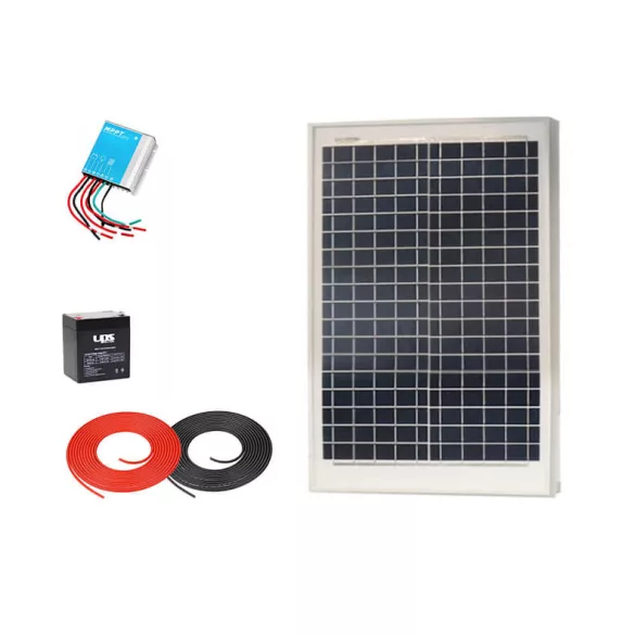 Napelem csomag 12V 20W + 10A Bluetooth tv. + 4Ah UPS akku + 1,5/0,5m kábelek
