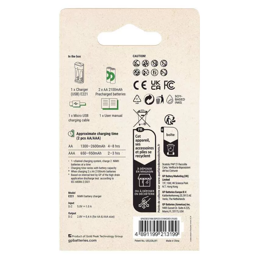 GP ReCyko E221 akkutöltő Powerbank + 2db 2100mAh AA akku