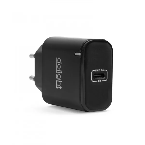 Hálózati Adapter 1 x USB-C (Type-C) PD20W gyorstöltéssel Delight FEKETE Hálózati Adapter 1 x USB-C (Type-C) PD20W gyorstöltéssel Delight FEKETE