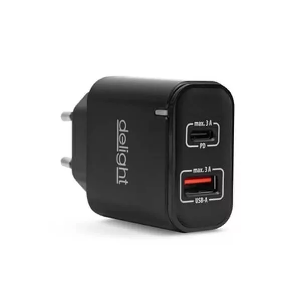 Hálózati Adapter USB + USB-C Type-C PD20W gyorstöltéssel Delight FEKETE Hálózati Adapter USB + USB-C Type-C PD20W gyorstöltéssel Delight FEKETE