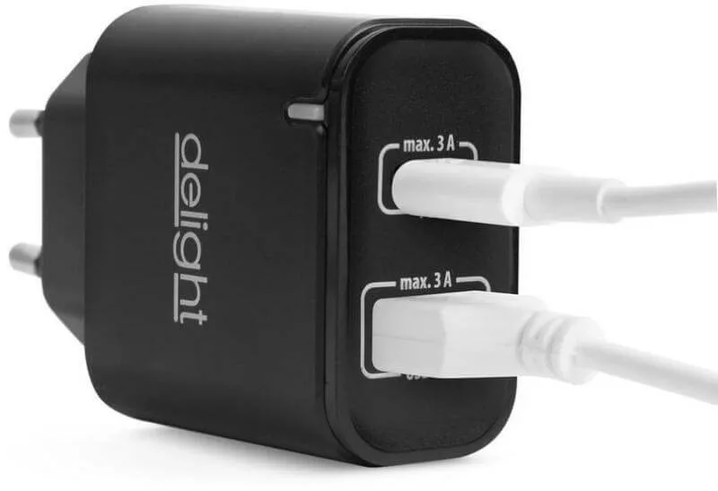 Hálózati Adapter USB + USB-C Type-C PD20W gyorstöltéssel Delight FEKETE