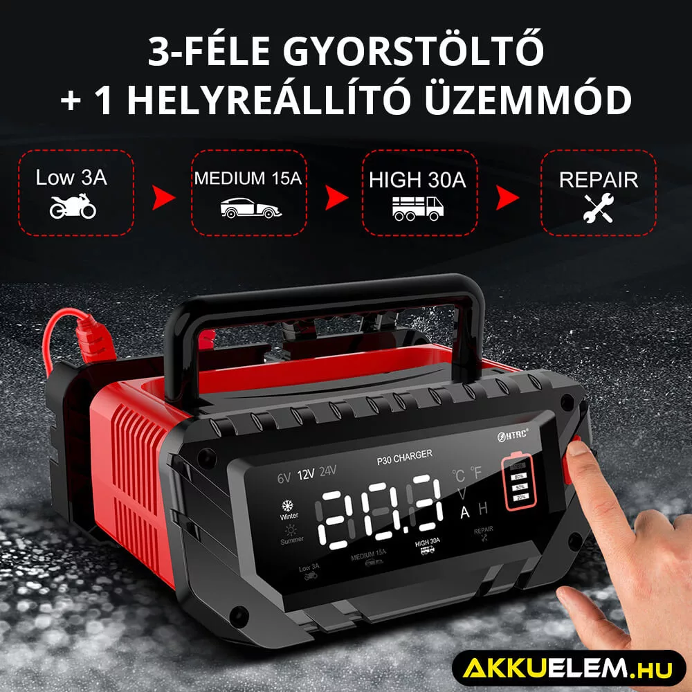 HTRC P30 töltő 6V/5A - 12V/30A - 24V/16A Ólom és LiFePO4 akkutöltő