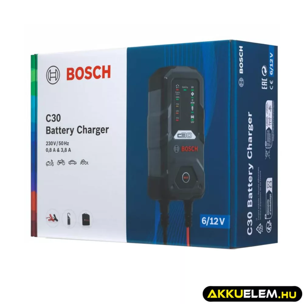 Bosch C30 autó akkumulátor töltő 6V 0.8A /12V 0.8A és 3.8A
