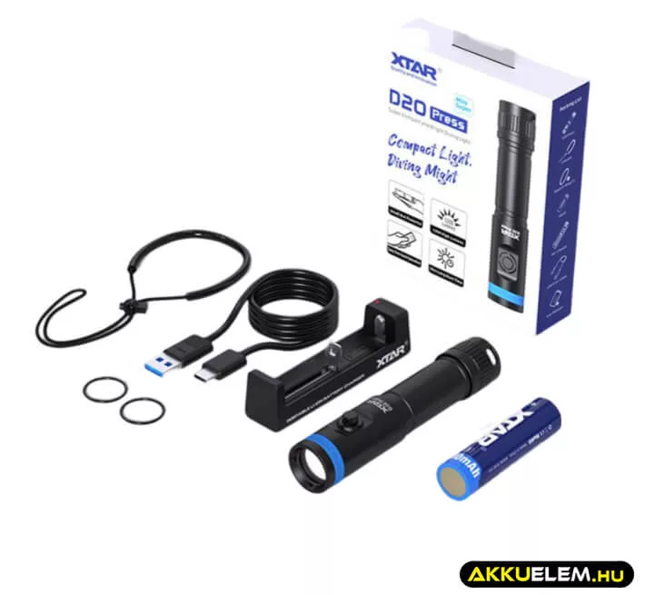 Xtar D20 Press MiniSuper 1200 lum Búvárlámpa szett  (3500mAh akku + töltő)