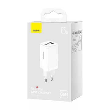   Baseus GaN5 Pro hálózati gyorstöltő, 2xUSB-C + USB, 65W (fehér)