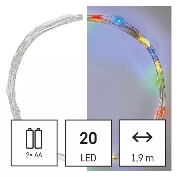 Karácsonyi fényfüzér nanoled 1.9M 2*AA színes beltéri D3AM04