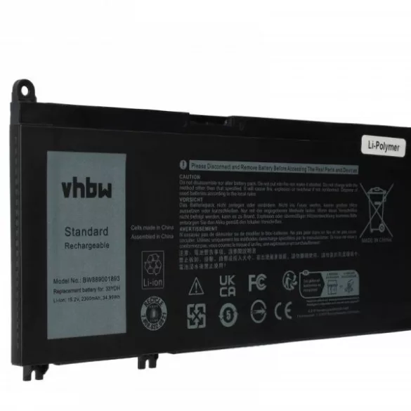 Dell 99NF2, 81PF3, 07FHHV, 7FHHV, 33YDH - 2300 mAh 15.2 V Li-polymer, fekete - Utángyártott notebook akku - VHBW
