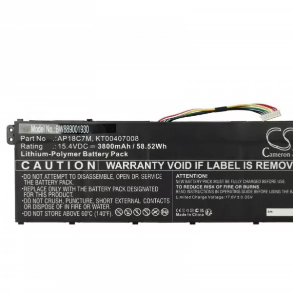 Acer KT00407008, AP18C7M - 3800 mAh 15.4 V Li-polymer, fekete - Utángyártott notebook akku - VHBW