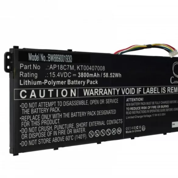 Acer KT00407008, AP18C7M - 3800 mAh 15.4 V Li-polymer, fekete - Utángyártott notebook akku - VHBW