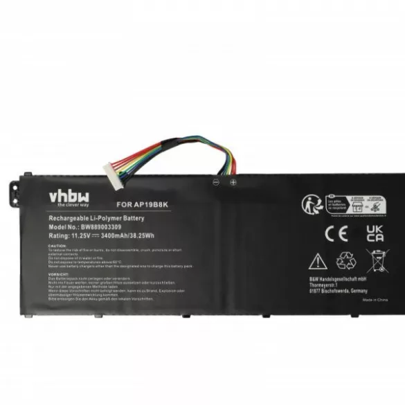Acer KT00304013, AP19B8K, AP18C4K - 3400 mAh 11.25 V Li-polymer, fekete - Utángyártott notebook akku - VHBW