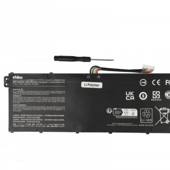Acer AC14B7K - 3000 mAh 15.28 V Li-polymer, fekete - Utángyártott notebook akku - VHBW