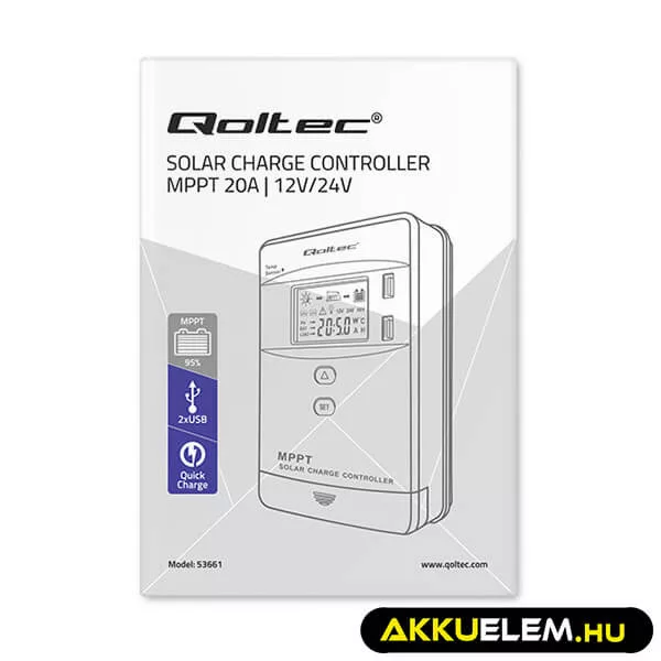 Napelem Töltésvezérlo Qoltec 12V/24V 20A MPPT  SOLAR 2xUSB