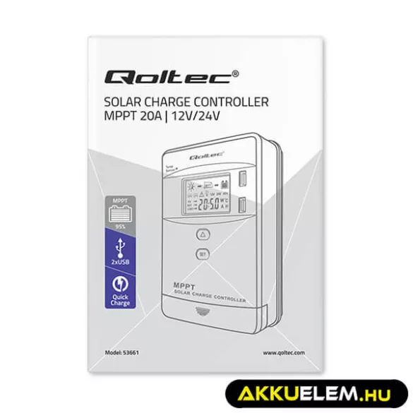 Napelem Töltésvezérlo Qoltec 12V/24V 20A MPPT  SOLAR 2xUSB