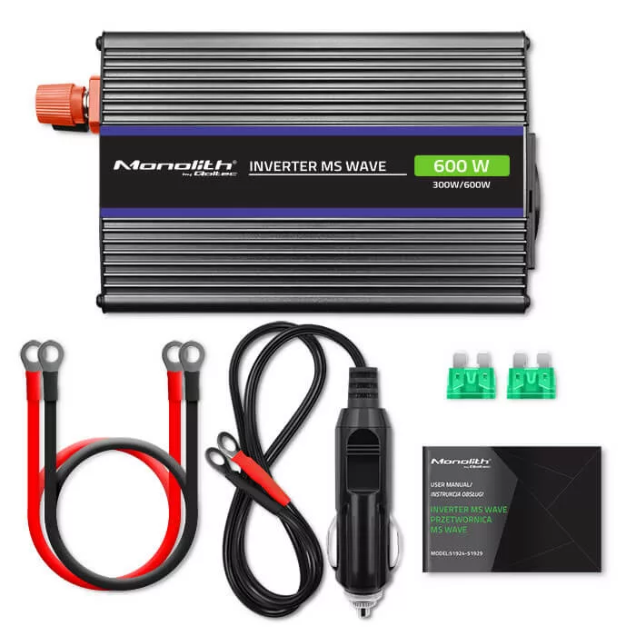 Inverter Qoltec 12V 300W/600W trapéz -1 x usb -szivargyújtó + szemes sarus kábel
