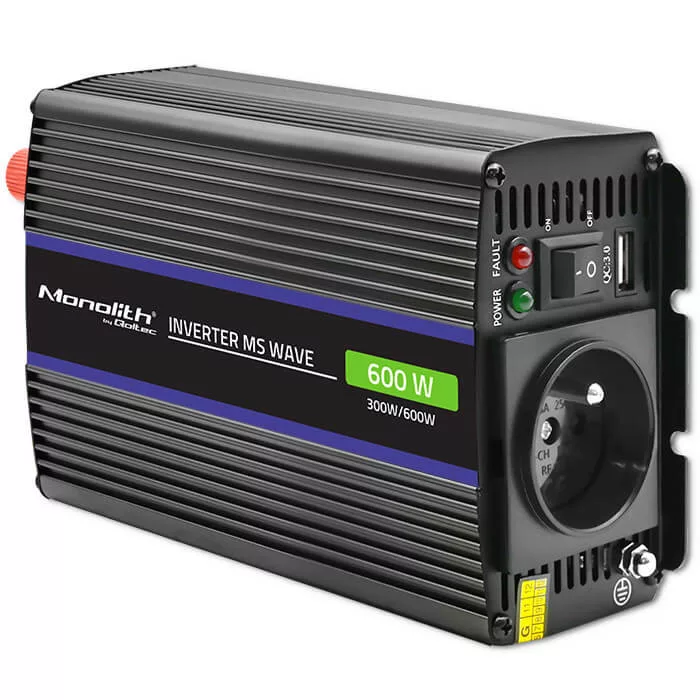 Inverter Qoltec 12V 300W/600W trapéz -1 x usb -szivargyújtó + szemes sarus kábel