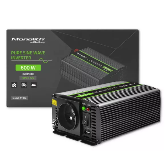 Inverter Qoltec 12V 300W/600W SINUS -1 x usb - szemes sarus kábellel