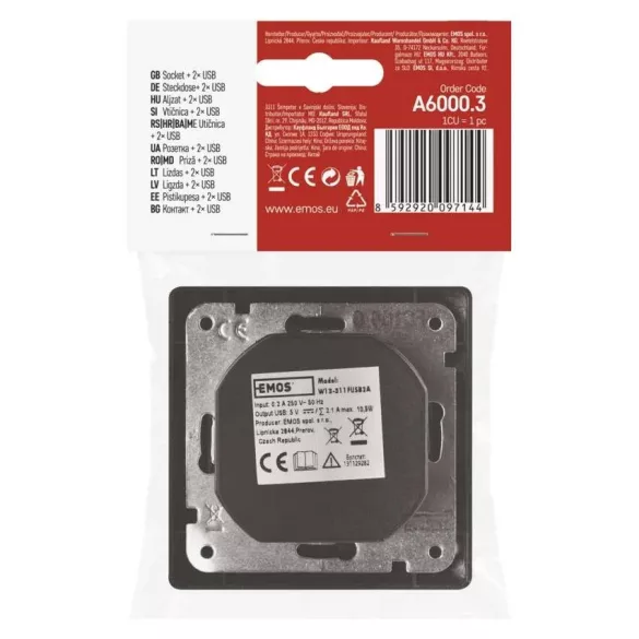 Fali aljzat 2* USB-vel 2.1A töltő 16A max. A6000.3