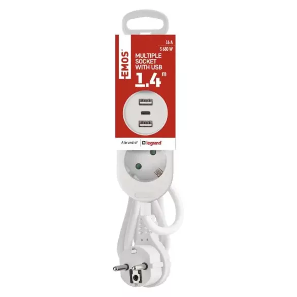 Hosszabbító 1.4m 2* USB-A+ 1 USB-C 2.1 A