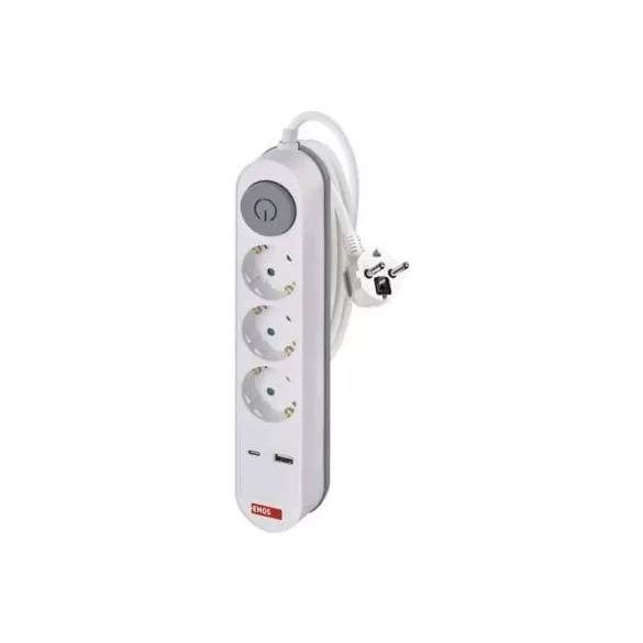 Hálózati hosszabbító 3 alj 2m kábel + kapcsoló + USB-A+ USB-C