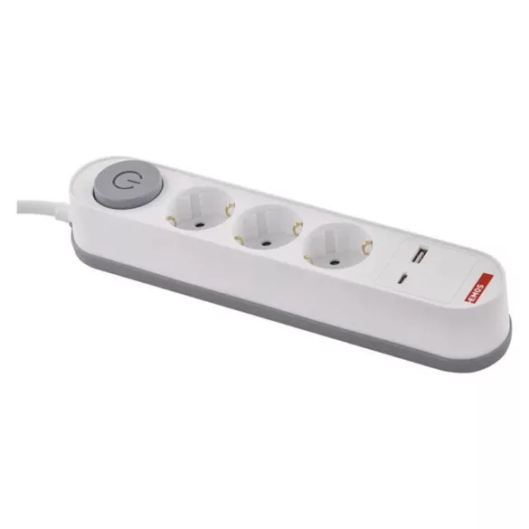 Hálózati hosszabbító 3 alj 2m kábel + kapcsoló + USB-A+ USB-C
