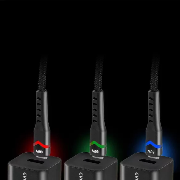 everActive USB-C PD RGB LED kábel 60W 20V/3A gyorstöltés fekete