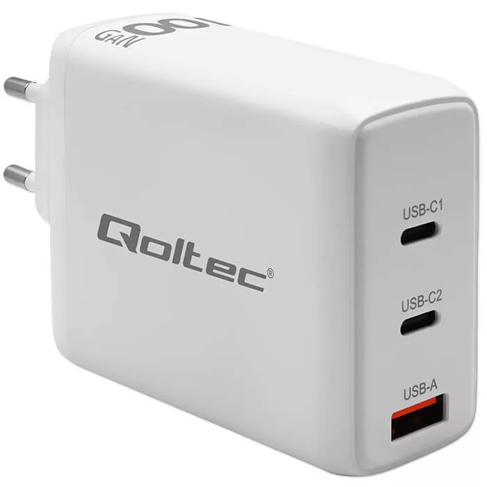   Qoltec USB töltő 100W GaN 100W GaN |5-20V| 1.5-5A | 2x USB-C PD | 1x USB QC 3.0