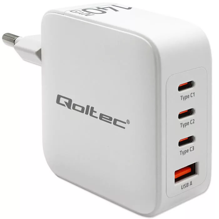 Qoltec USB töltő 140W GaN |5-20V| 2.5-5A | 3x USB-C PD | 1x USB QC 3.0