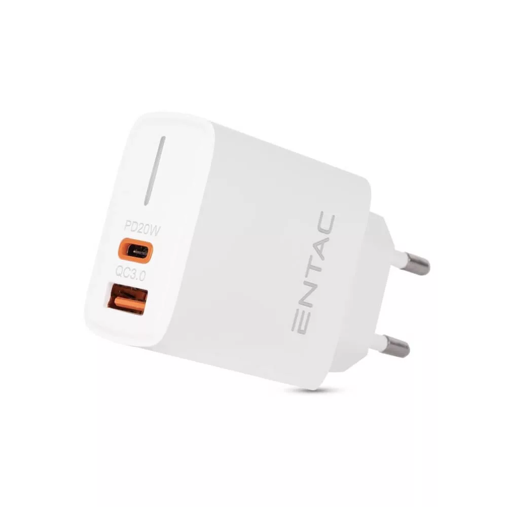 Entac Hálózati gyorstöltő PD & QC, USB + USB-C, 20W, fehér Entac Hálózati gyorstöltő PD & QC, USB + USB-C, 20W, fehér
