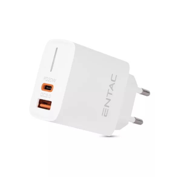 Entac Hálózati gyorstöltő PD & QC, USB + USB-C, 20W, fehér