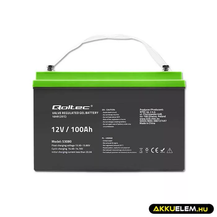 Qoltec GEL Akkumulátor 12V 100Ah lakókocsihoz, hajóhoz, biztonsági rendszerekhez