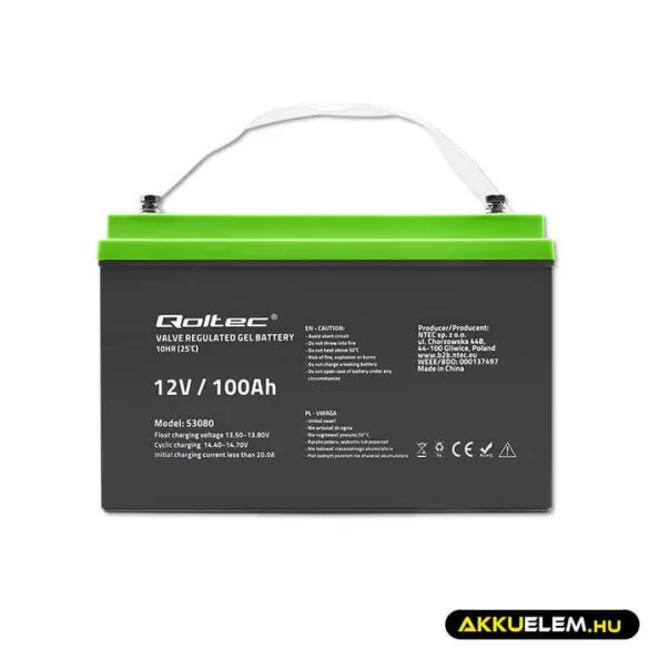 Qoltec GEL Akkumulátor 12V 100Ah lakókocsihoz, hajóhoz, biztonsági rendszerekhez