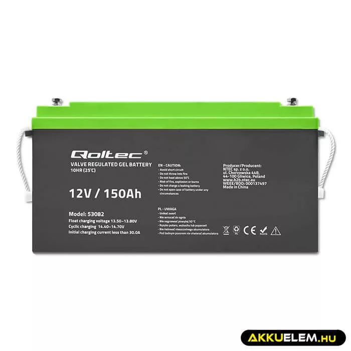 Qoltec GEL Akkumulátor 12V 150Ah lakókocsihoz, hajóhoz, biztonsági rendszerekhez