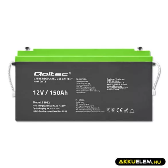 Qoltec GEL Akkumulátor 12V 150Ah lakókocsihoz, hajóhoz, biztonsági rendszerekhez