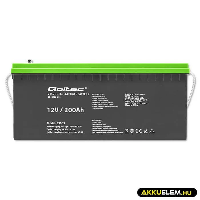Qoltec GEL Akkumulátor 12V 200Ah lakókocsihoz, hajóhoz, biztonsági rendszerekhez